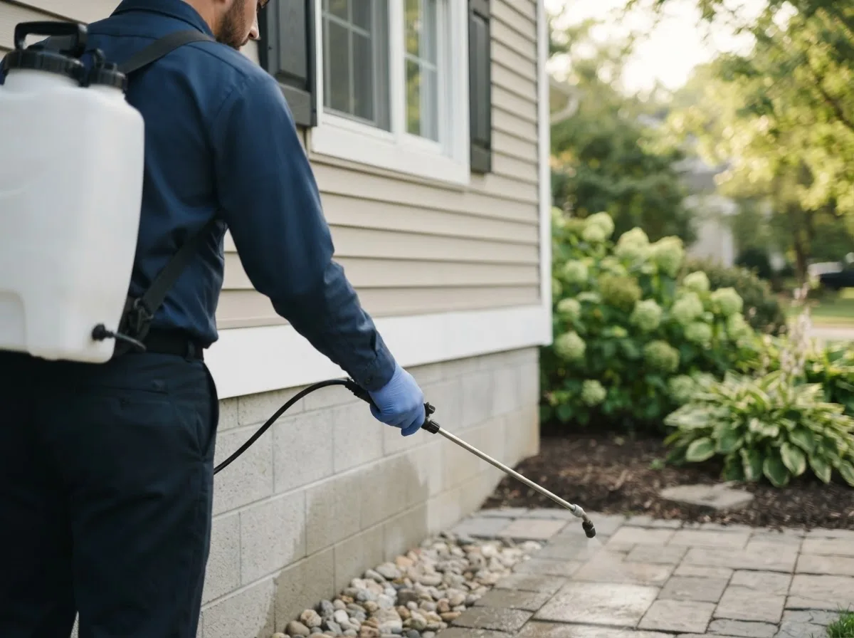Pest control technician inspecting a home in Fairview, MI